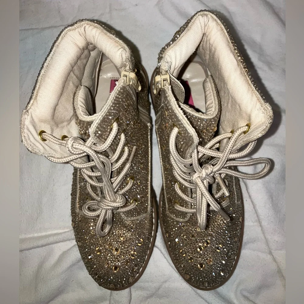 Betsey Johnson Hudson boots back to school gold crystal gem studded shoes 3 girl
